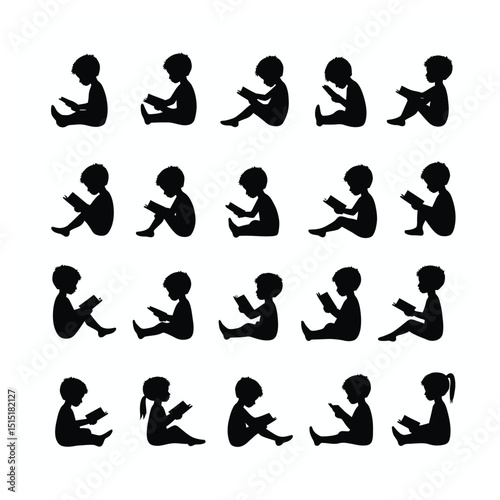 Twenty silhouettes of children enjoying books a child reading book set