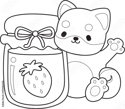 Coloring page of Fluffy Shiba Inu. Outline of Happy doggy illustrations.
