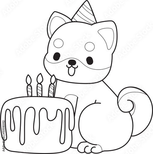 Coloring page of Fluffy Shiba Inu. Outline of Happy doggy illustrations.
