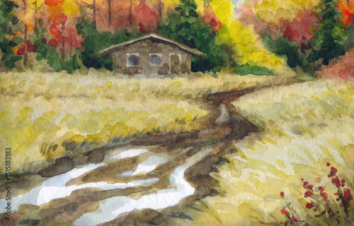 Watercolor landscape. Road to the autumn forest