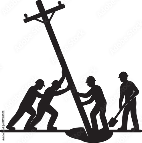 Silhouette of Workers  Electric Pole repair.