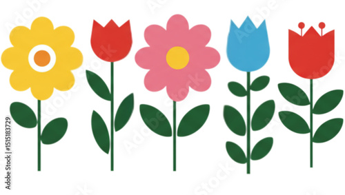 Flower set line. Cute Spring colorful flowers collection. Daisy chamomile, daffodil, sun flower, chrysanthemum gerbera. Growing concept. Fresh blooming elements. Flat design. White background. Vector