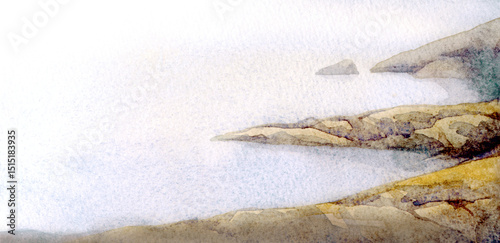 Watercolor landscape. Clouds in the sky over the lake