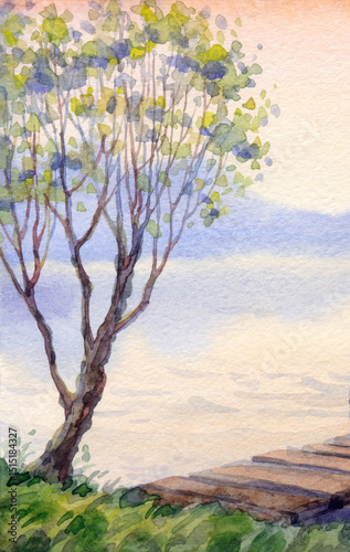 Watercolor landscape. Father and son by the lake