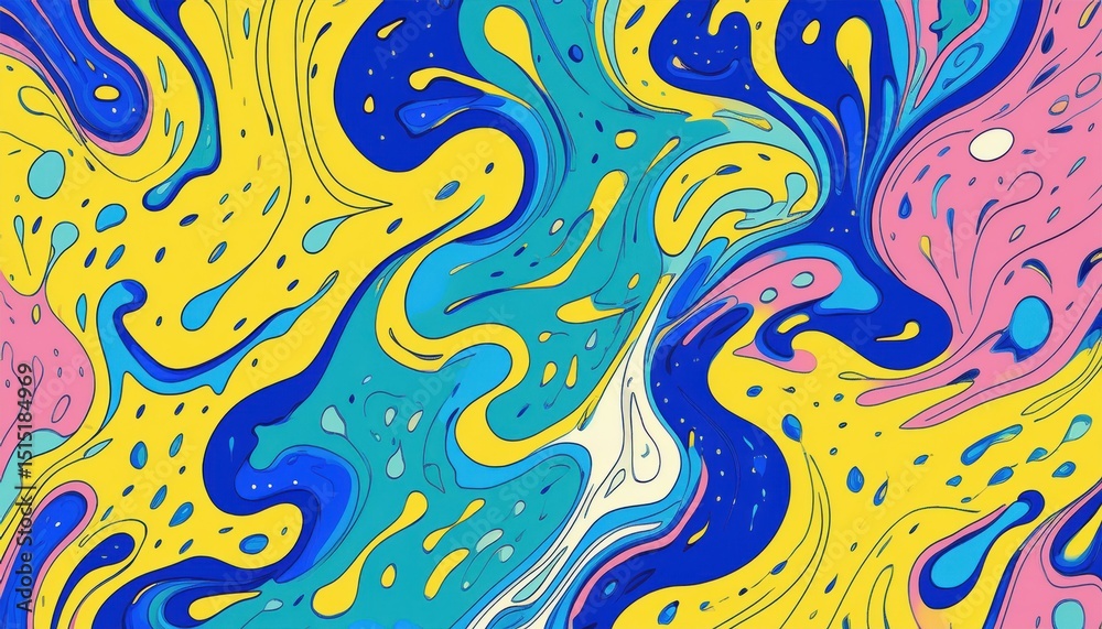 Obraz premium vibrant abstract fluid pattern with swirling blue, yellow, teal, and pink paint drops for modern web design, poster background, branding texture, or digital art wallpaper