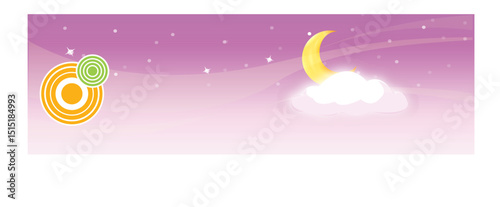 Night sky with moon, stars, and sun.