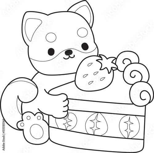 Coloring page of Fluffy Shiba Inu. Outline of Happy doggy illustrations.
