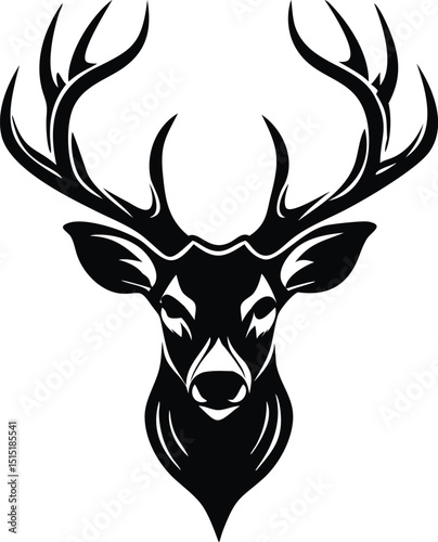 Stag Antler Illustration - Black & White Deer Head Silhouette
