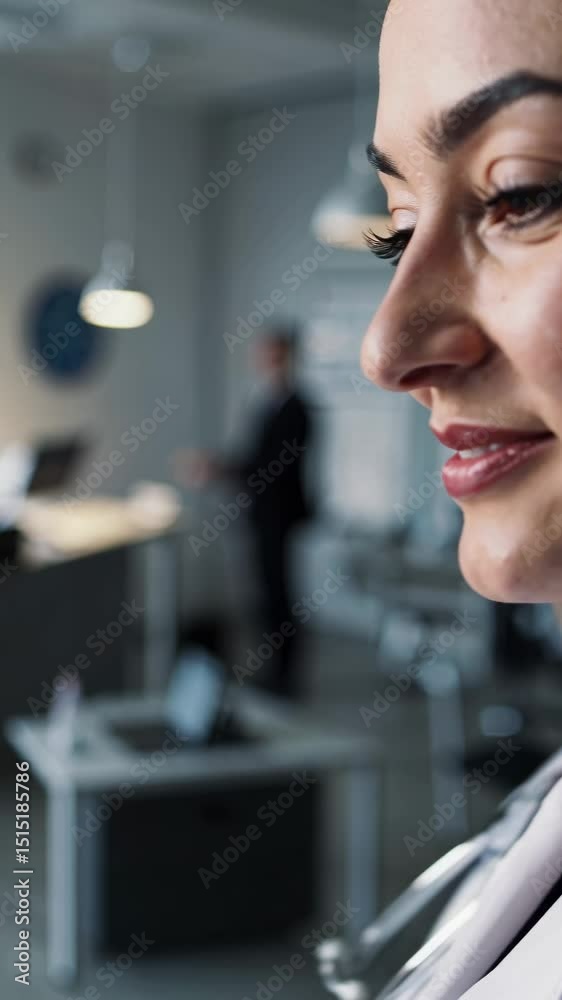 Female doctor in white coat smiling sideways in hospital setting, exuding warmth and trust Female doctor in white coat smiling sideways in hospital setting, exuding warmth and trust