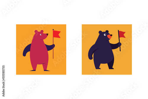Two bears holding flags cartoon illustration