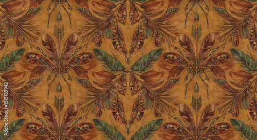 Seamless feather pattern background boho chic style wallpaper textile design digital paper scrapbook backdrop