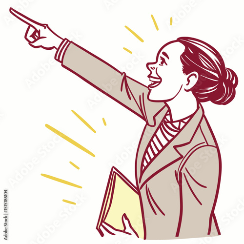 Business Woman Pointing Finger at Something. Happy Face. Hand Drawn Style Vector Design illustrations