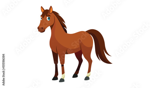 Brown cartoon horse standing isolated on white background illustration