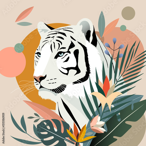 Ein stilisierter weißer Tiger ruht majestätisch vor einem grafischen Hintergrund aus Kreisen und tropischen Pflanzen. Die Illustration kombiniert natürliche Schönheit mit einem modernen Look photo