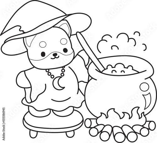 Coloring page of Fluffy Shiba Inu. Outline of Happy doggy illustrations.

