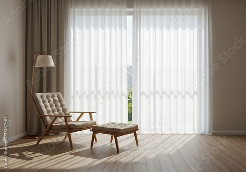 The minimalist interior design is bright with sunlight, featuring sheer curtains and light wood floors. A cushioned wooden chair and footrest are placed near the window.