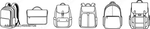 Line art illustration of various backpacks