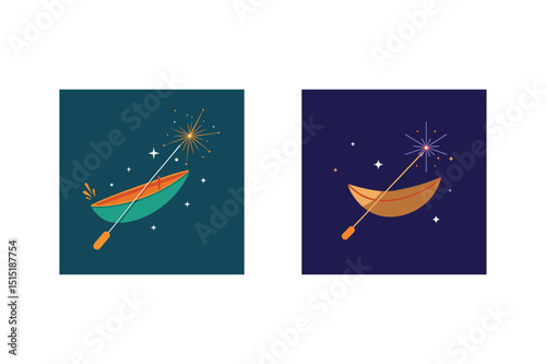 Sparkler night boat teal and orange boats