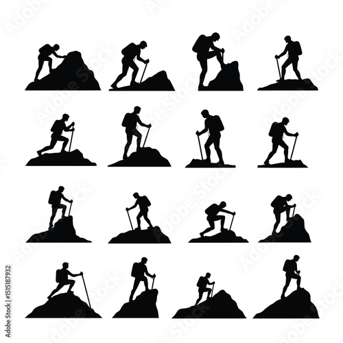 Silhouette climbers mountain hiking adventure set