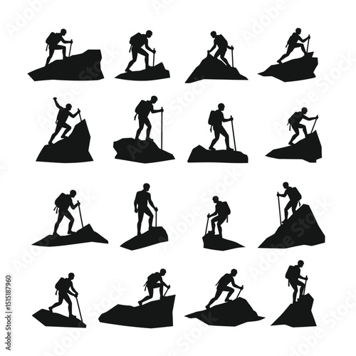 Silhouette climbers mountain hiking adventure set