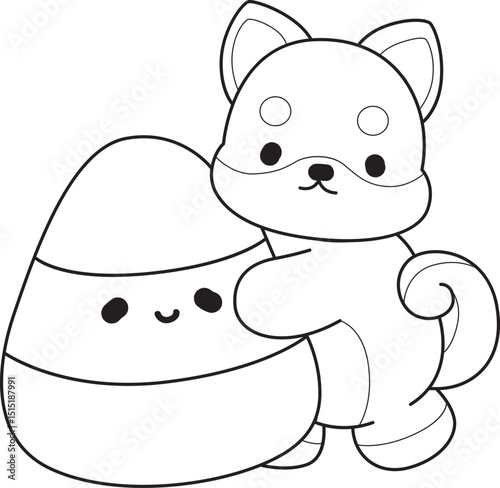 Outline of Fluffy Shiba Inu pet stickers. Lineart of Happy doggy.
