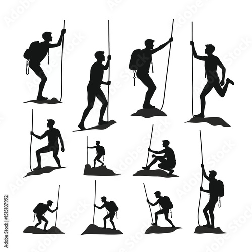 Silhouette climbers mountain hiking adventure set