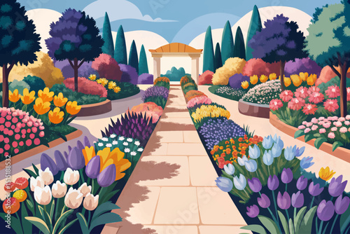 Amazing Colorful garden pathway surrounded vector by blooming flowers on a sunny day illustration