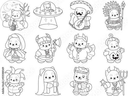 Outline of Cute puppy kawaii dog lovely animal vector icon. Coloring pages of Fluffy Shiba Inu pet stickers.