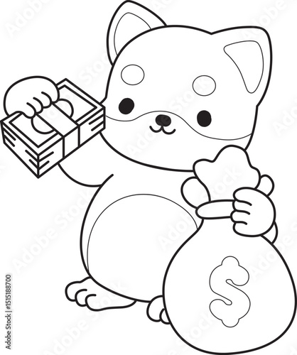 Outline of Fluffy Shiba Inu pet stickers. Lineart of Happy doggy.
