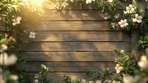 Rustic wooden planks framed by spring blossoms