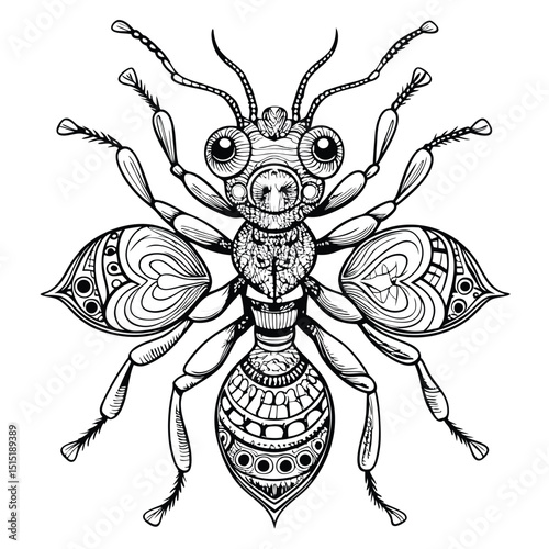 Intricate Detailed Insect Illustration for Coloring Book or Tattoo Design