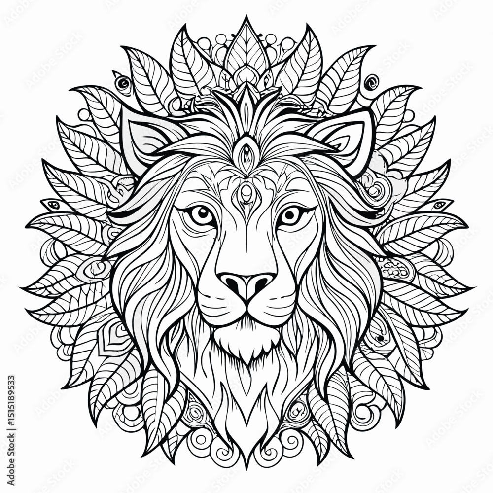 Obraz premium Lion head mandala with leaves detailed line art for coloring book