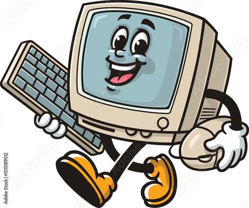 Retro computer character cartoon walking while carrying keyboard and mouse