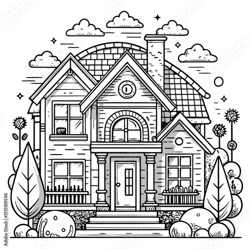 Detailed Black and White Illustration of a Beautiful Two Story House