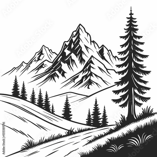 Black and white mountain sketch with pine trees on a hillside landscape. Vector illustration 