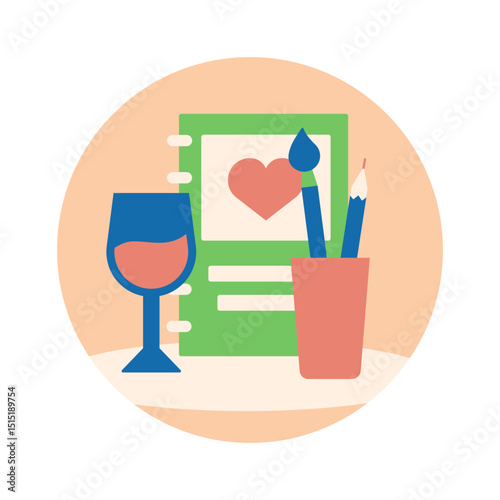 Art Therapy Icon with Wine Glass, Sketchbook, Pencil and Brush