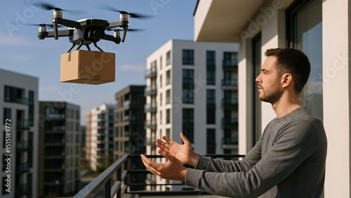Man receiving a package delivered by a drone while standing on the balcony of his apartment in a bustling residential area, showcasing modern technology and convenient shopping solutions