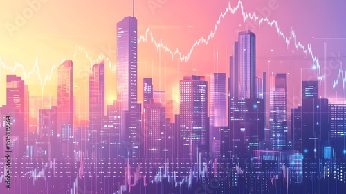 Futuristic city skyline with financial data overlay.