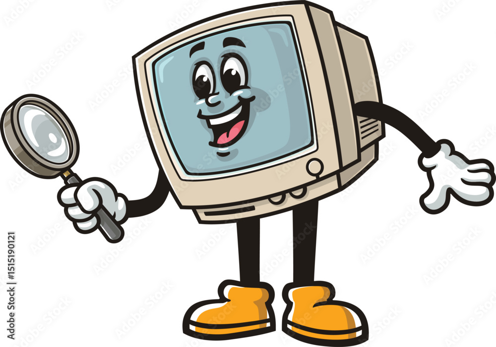 Retro computer character cartoon holding a magnifying glass Retro computer character cartoon holding a magnifying glass