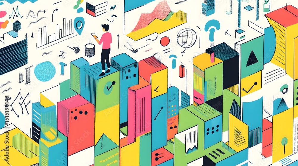 Obraz premium Colorful, abstract city scene with figures and graphic elements.