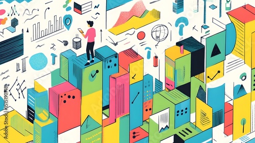 Colorful, abstract city scene with figures and graphic elements.