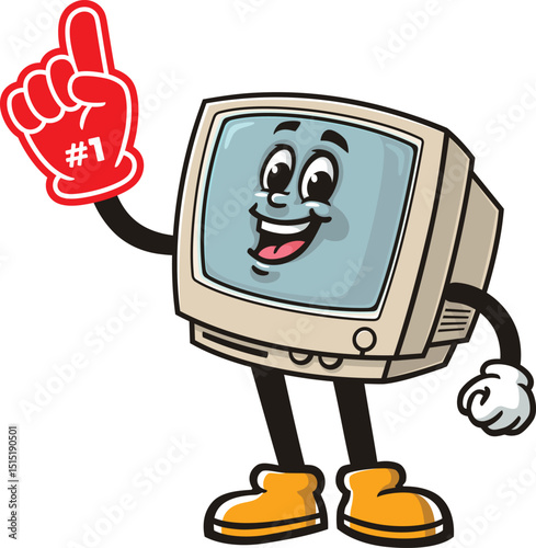 Retro computer character cartoon holding giant foam finger
