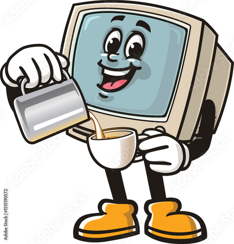 Retro computer character cartoon is being a barista