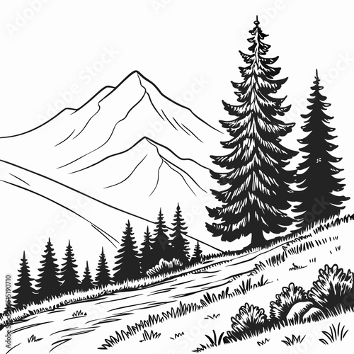 Black and white mountain sketch with pine trees on a hillside landscape. Vector illustration 