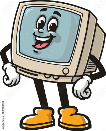 Retro computer character cartoon laughing happily
