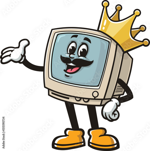 Retro cartoon character of computer king wearing crown