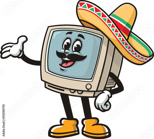 Retro computer character cartoon wearing a sombrero