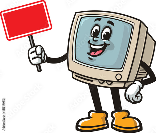 Retro computer character cartoon holding a blank sign