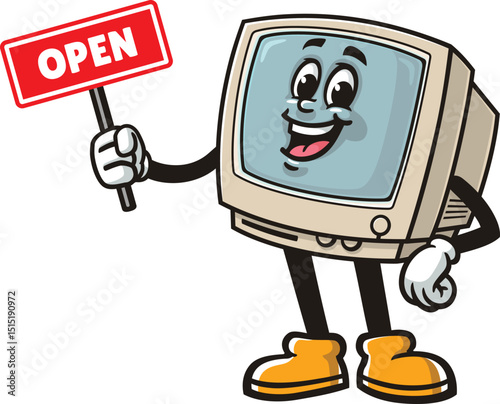 Retro computer character cartoon holding an open sign