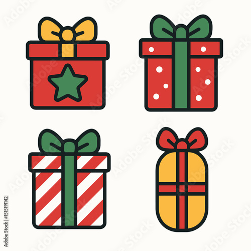 Vector icon set of Christmas gift boxes in various styles